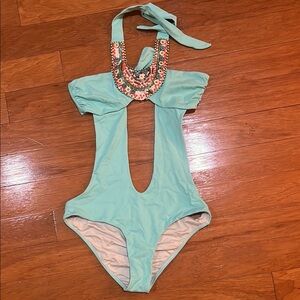 OndadeMar Baby Blue Embellished Cut Out Tank Top Bikini